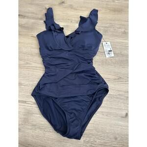 LAUREN RALPH LAUREN Women's 8 Ruffle Surplice Swimsuit 1 Piece Purple Ruched